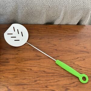 Vintage Metal Slotted Spatula Flipper Turner Green Handle Kitchen 17"